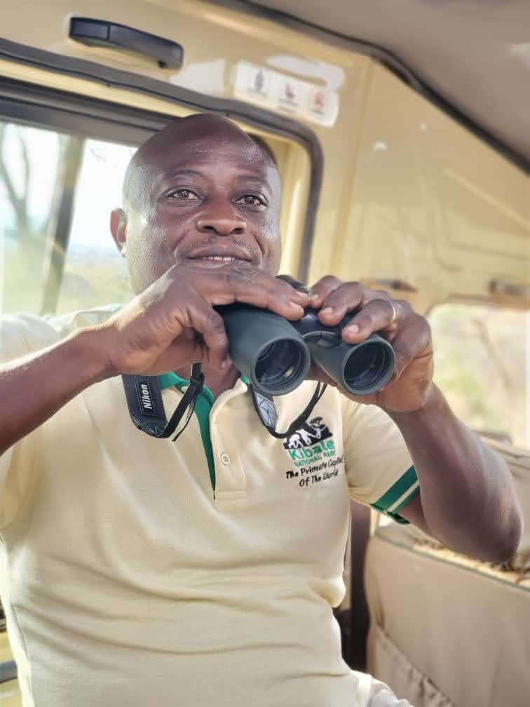 Safari guide using binoculars inside a vehicle